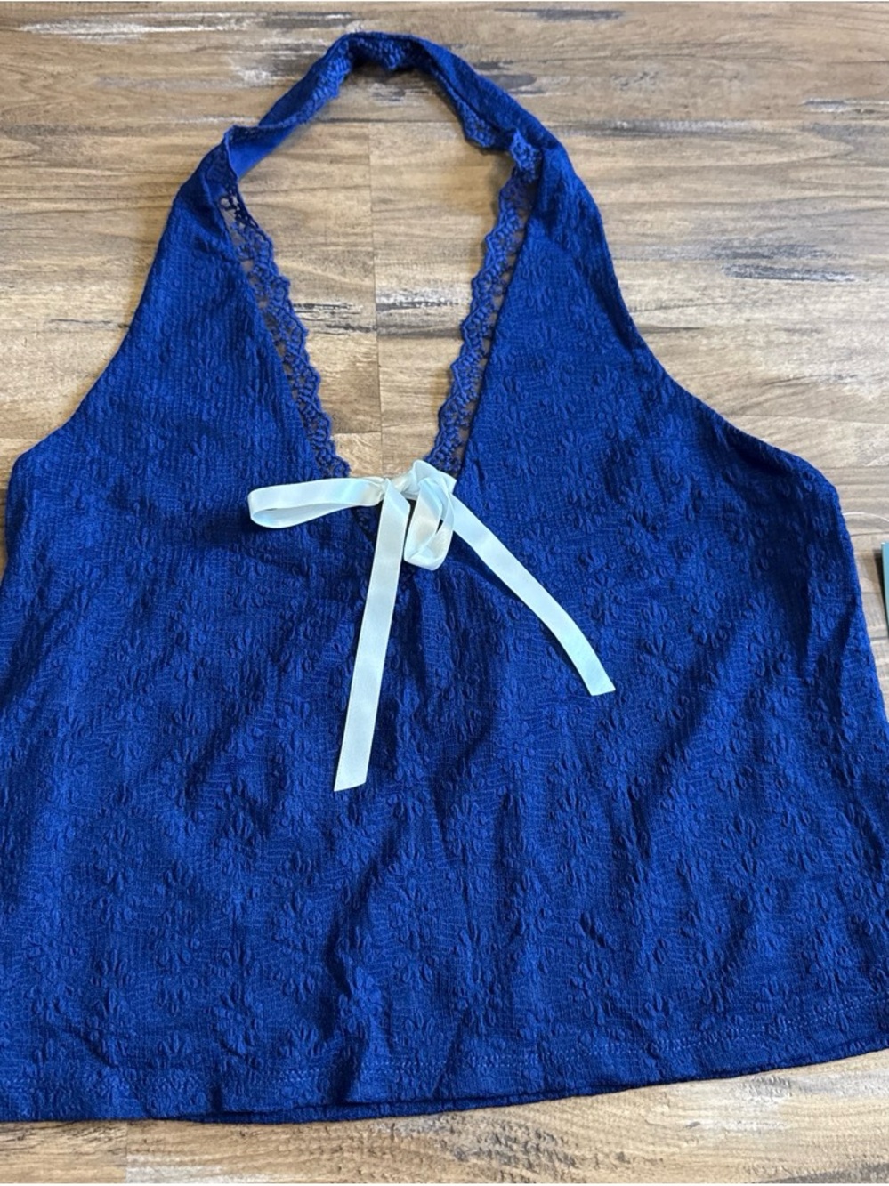 Women’s Royal Blue Lace Halter Tank Top with Ribbon Detail